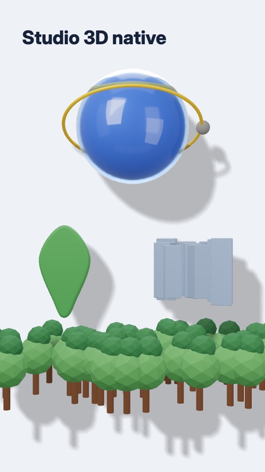 Adegan 3D native dengan bola kaca, pin dan pepohonan